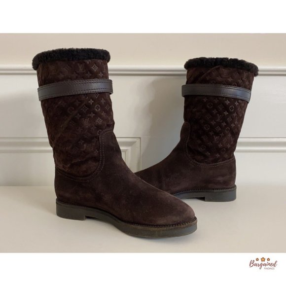 Authentic LOUIS VUITTON Dark Brown Suede Shearling Monogram Boots Size 36/6 - Picture 11 of 15
